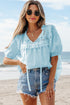 Embroidered Lace Tie Neck Puff Sleeve Cotton Relaxed Blouse