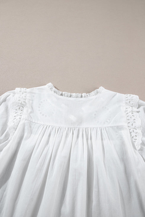 Embroidered Lace Tie Neck Puff Sleeve Cotton Relaxed Blouse