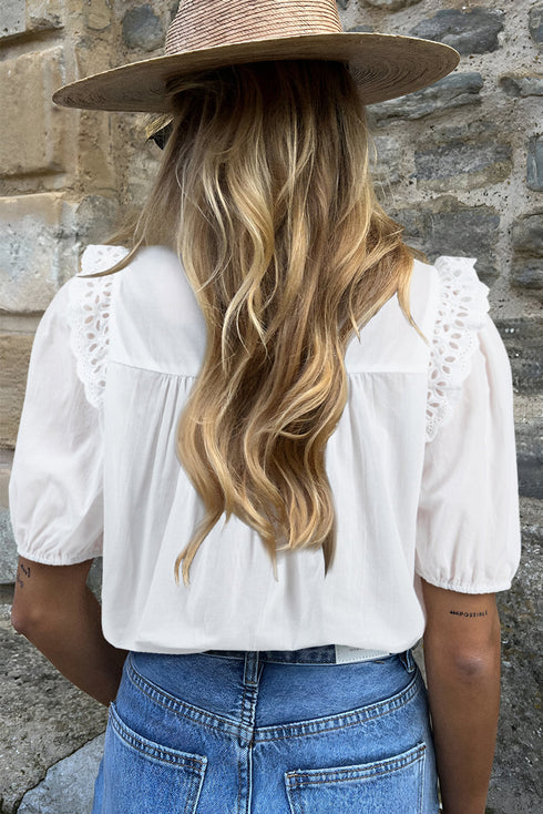 Embroidered Lace Tie Neck Puff Sleeve Cotton Relaxed Blouse