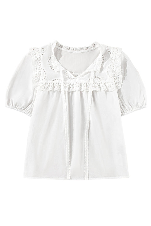 Embroidered Lace Tie Neck Puff Sleeve Cotton Relaxed Blouse