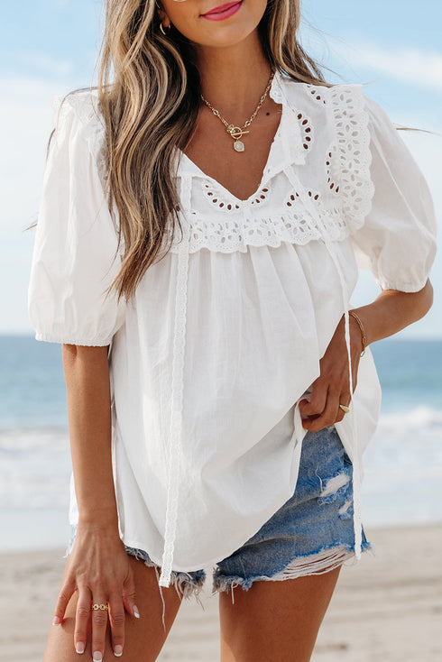 Embroidered Lace Tie Neck Puff Sleeve Cotton Relaxed Blouse