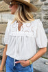 Embroidered Lace Tie Neck Puff Sleeve Cotton Relaxed Blouse