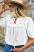 Embroidered Lace Tie Neck Puff Sleeve Cotton Relaxed Blouse