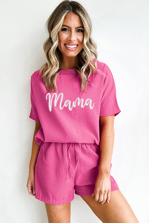 Embroidered Mama Letter Print Waffle Knit Graphic Sets