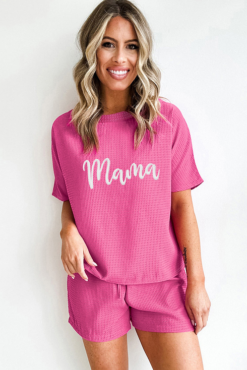Embroidered Mama Letter Print Waffle Knit Graphic Sets