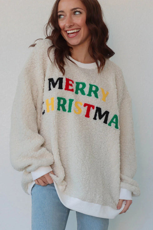 Embroidered Merry Christmas Multicolor Sherpa Pullover Sweatshirt