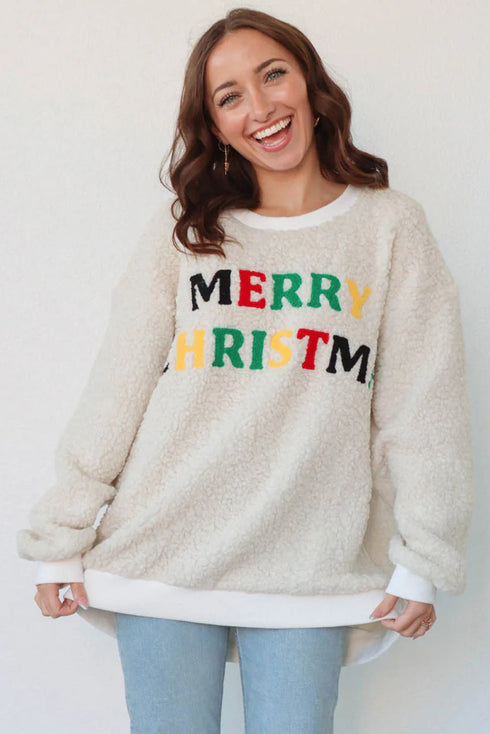 Embroidered Merry Christmas Multicolor Sherpa Pullover Sweatshirt