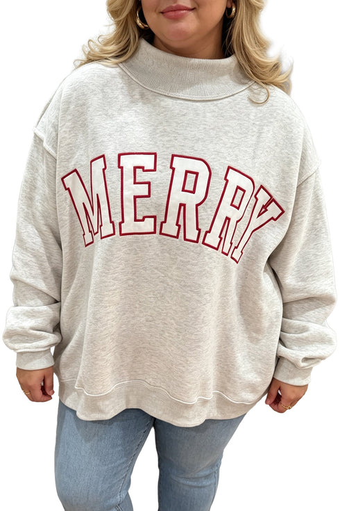 Embroidered Merry Letter Print Mock Neck Applique Sweatshirt