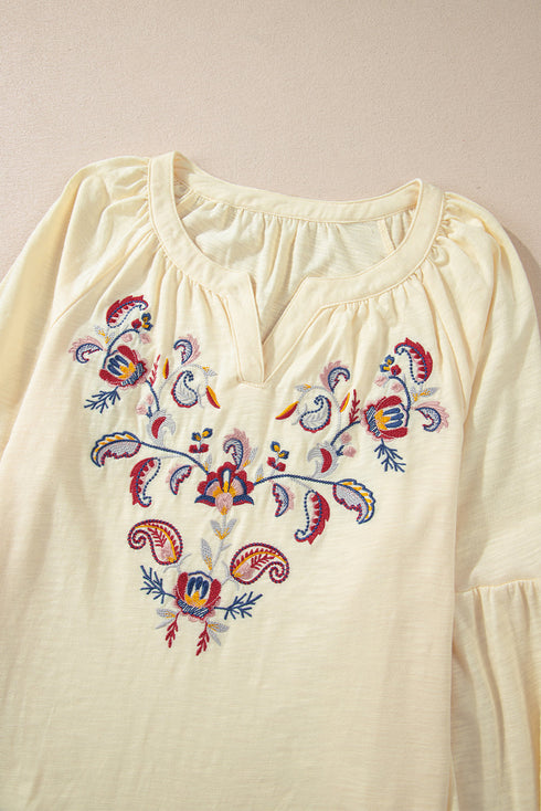 Embroidered Paisley Notch Neck Relaxed Fit Cotton Blend Blouse