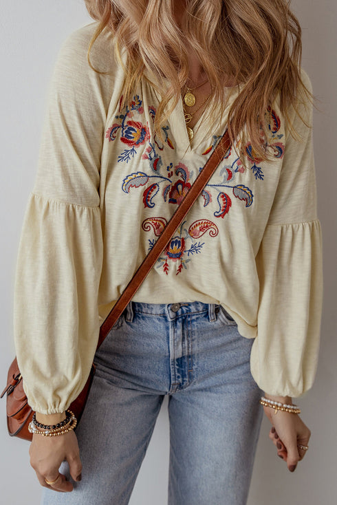 Embroidered Paisley Notch Neck Relaxed Fit Cotton Blend Blouse