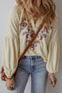 Embroidered Paisley Notch Neck Relaxed Fit Cotton Blend Blouse