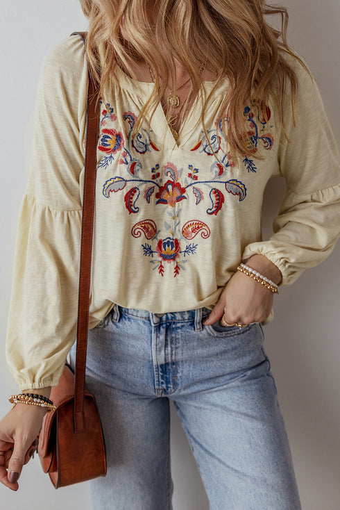 Embroidered Paisley Notch Neck Relaxed Fit Cotton Blend Blouse