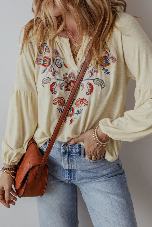 Embroidered Paisley Notch Neck Relaxed Fit Cotton Blend Blouse