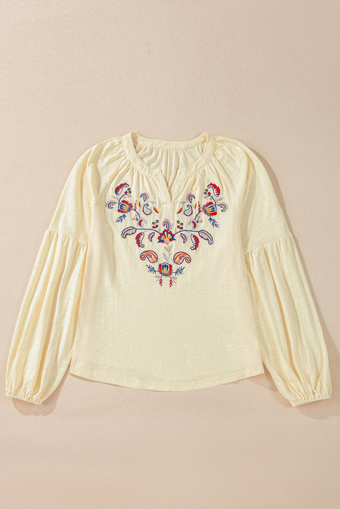 Embroidered Paisley Notch Neck Relaxed Fit Cotton Blend Blouse
