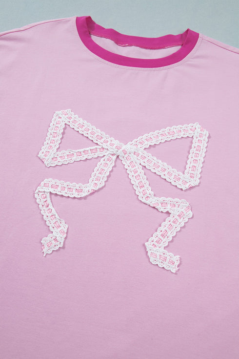 Embroidered Patchwork Applique Bow Detail Relaxed Tee