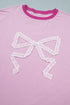 Embroidered Patchwork Applique Bow Detail Relaxed Tee