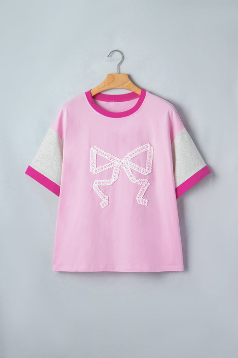 Embroidered Patchwork Applique Bow Detail Relaxed Tee