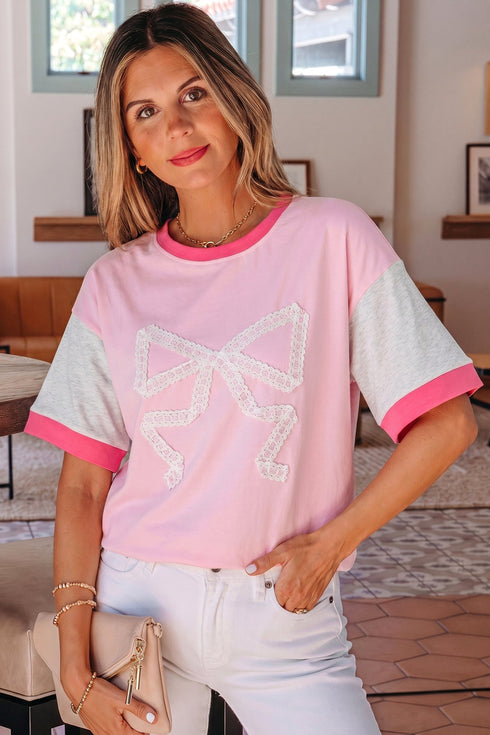 Embroidered Patchwork Applique Bow Detail Relaxed Tee