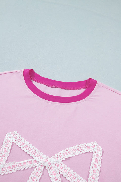 Embroidered Patchwork Applique Bow Detail Relaxed Tee