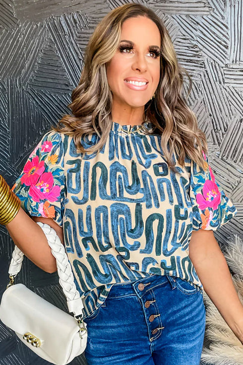 Embroidered Puff Sleeve Frilled Neck Printed Top