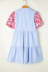 Embroidered Puff Sleeve Striped Tiered Mini Dress