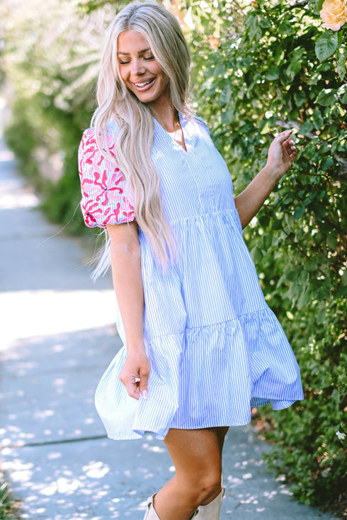 Embroidered Puff Sleeve Striped Tiered Mini Dress