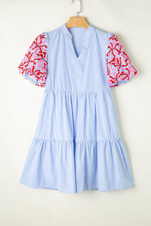 Embroidered Puff Sleeve Striped Tiered Mini Dress