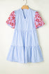 Embroidered Puff Sleeve Striped Tiered Mini Dress