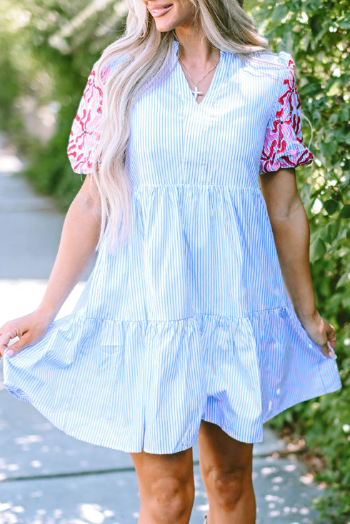 Embroidered Puff Sleeve Striped Tiered Mini Dress