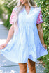 Embroidered Puff Sleeve Striped Tiered Mini Dress