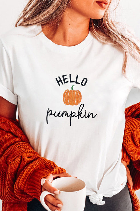 Embroidered Pumpkin Slogan Short Sleeve Casual Graphic Tee