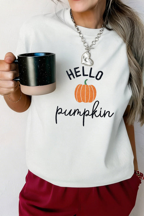 Embroidered Pumpkin Slogan Short Sleeve Casual Graphic Tee