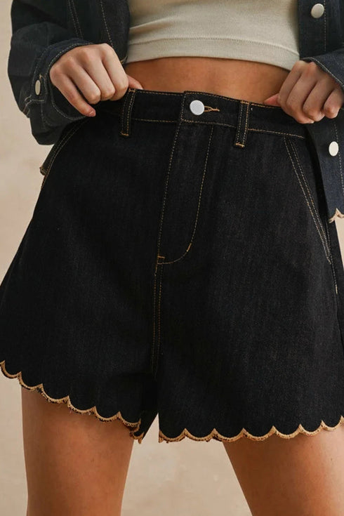 Embroidered Rick Rack Scalloped Trim Relaxed Denim Shorts