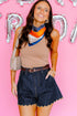 Embroidered Rick Rack Scalloped Trim Relaxed Denim Shorts