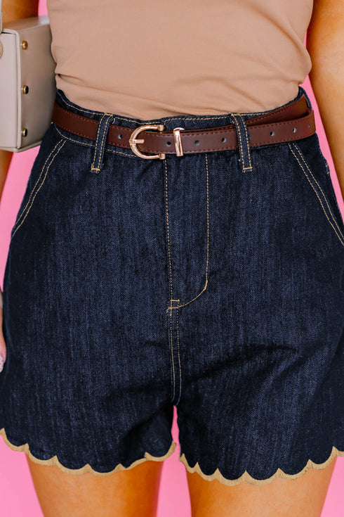 Embroidered Rick Rack Scalloped Trim Relaxed Denim Shorts