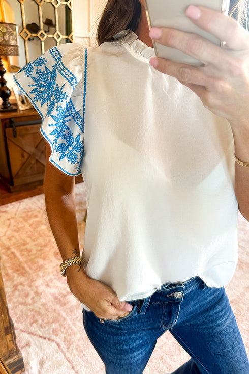 Embroidered Ruffled Sleeve Frilled Collar Blouse