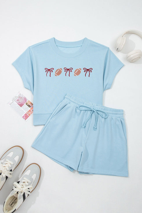Embroidered Rugby Bow Graphic Relaxed Tee And Shorts Set