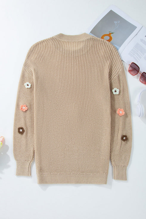 Embroidered Script And Floral Long Sleeve Knit Sweater