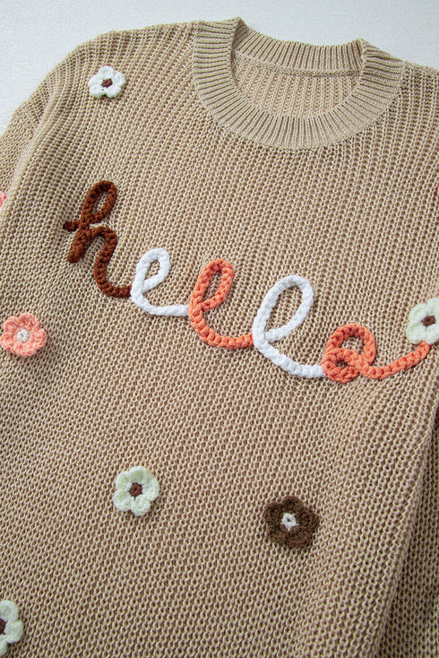 Embroidered Script And Floral Long Sleeve Knit Sweater