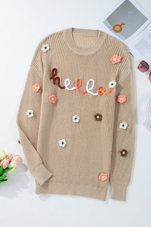 Embroidered Script And Floral Long Sleeve Knit Sweater