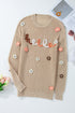 Embroidered Script And Floral Long Sleeve Knit Sweater