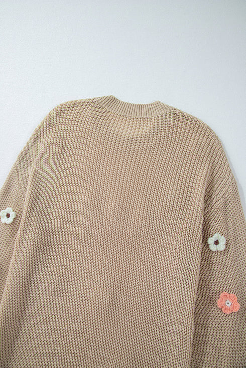 Embroidered Script And Floral Long Sleeve Knit Sweater