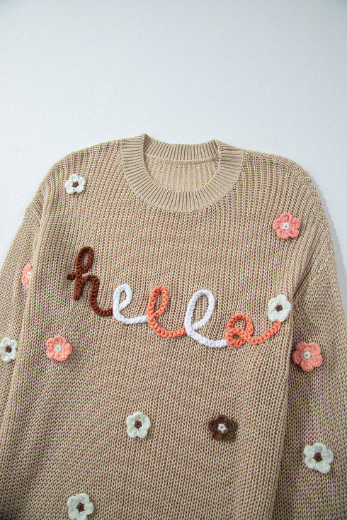 Embroidered Script And Floral Long Sleeve Knit Sweater
