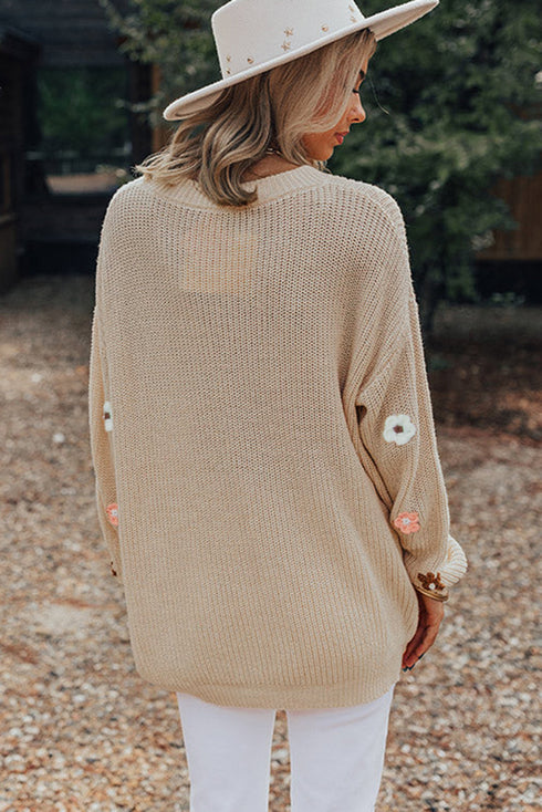 Embroidered Script And Floral Long Sleeve Knit Sweater