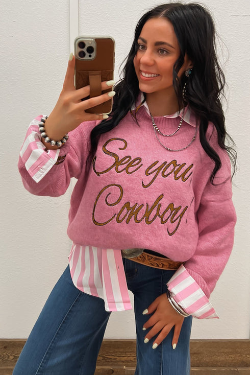Embroidered See You Cowboy Western Graphic Drop Shoulder Crew Neck Sweater
