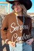 Embroidered See You Cowboy Western Graphic Drop Shoulder Crew Neck Sweater