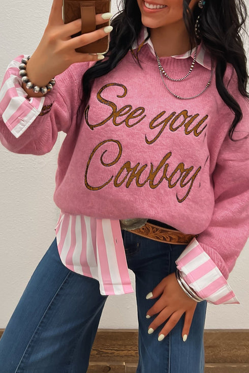 Embroidered See You Cowboy Western Graphic Drop Shoulder Crew Neck Sweater
