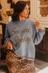 Embroidered See You Cowboy Western Graphic Drop Shoulder Crew Neck Sweater