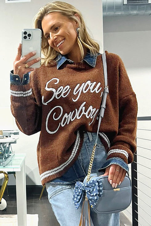Embroidered See You Cowboy Western Graphic Drop Shoulder Crew Neck Sweater