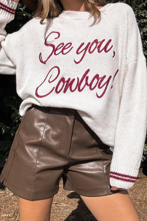 Embroidered See You Cowboy Western Graphic Drop Shoulder Crew Neck Sweater